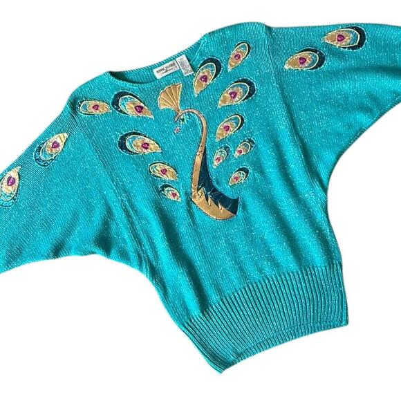 Bonnie Boerer Peacock Appliqué Sweater – Metallic Teal – M - Picture 2 of 8